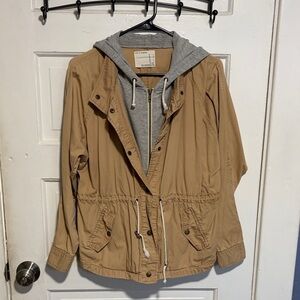 Life in Progress Tan Utility Jacket with Gray Hood